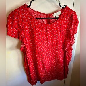 Red Floral Flutter Sleeve Women's Top